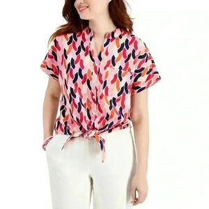 NWT Charter Club Luxury Linen‎ Blouse Collared V-Neck Pink/Red/Orange/Black XL